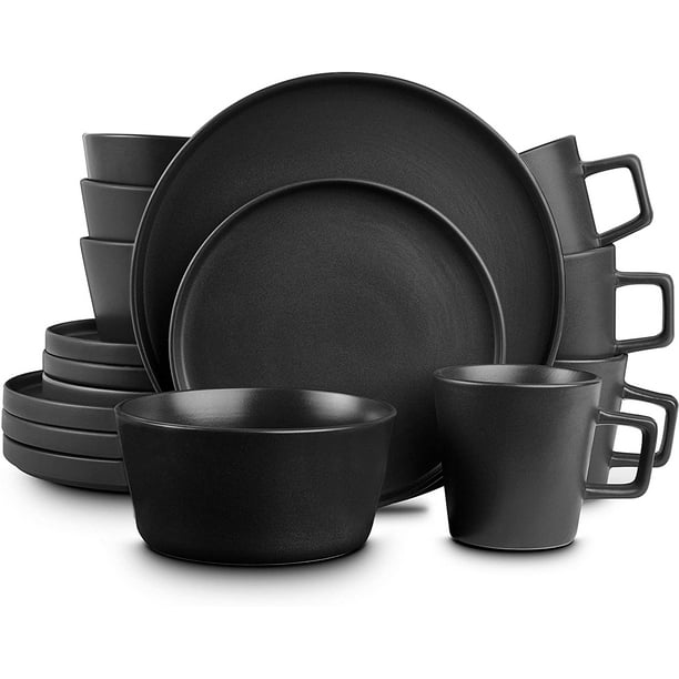 Red and Black Service For 4 Stone Lain Stoneware Dinnerware Set 